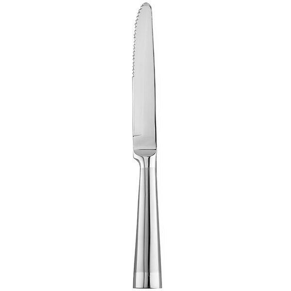 A silver Libbey steak knife with a serrated edge.