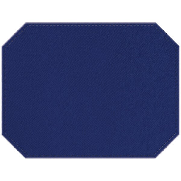 A blue premium faux leather octagon placemat with stitching.