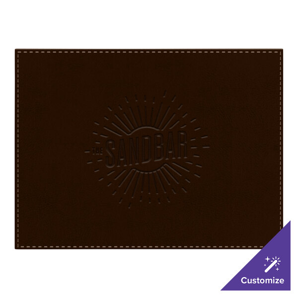 A brown leather rectangular placemat with a logo on it.