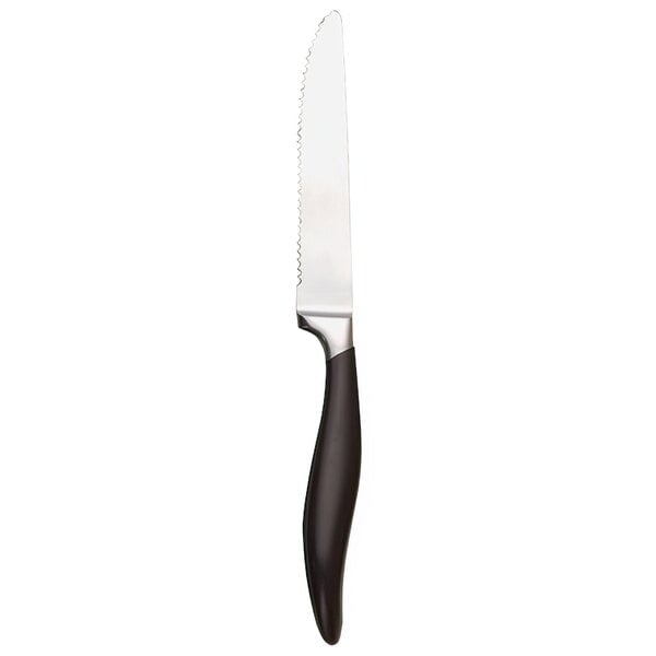 A Libbey steak knife with a black plastic handle and stainless steel blade.