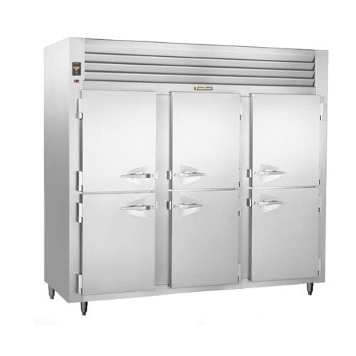 A stainless steel Traulsen reach-in freezer with three half doors and handles.