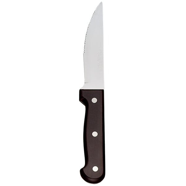 A Libbey stainless steel steak knife with a black handle.