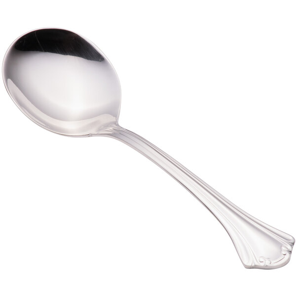 A close-up of a Walco stainless steel bouillon spoon with a handle.