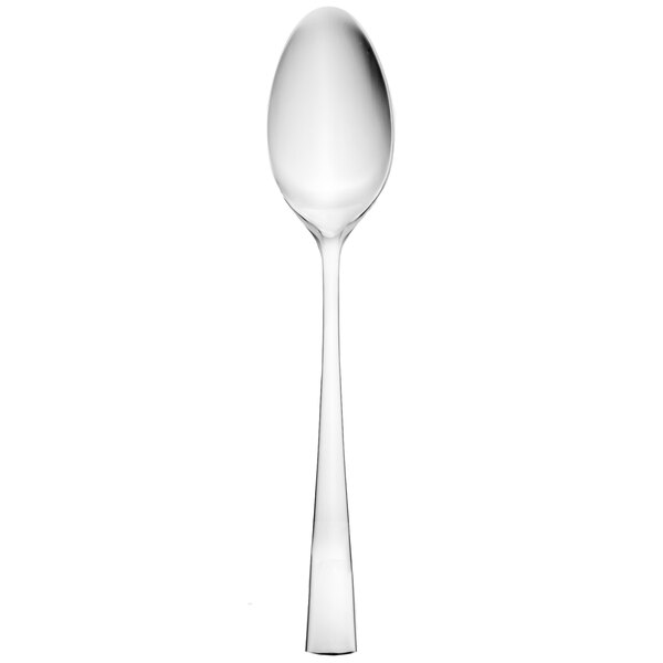 A Walco Freya stainless steel serving spoon with a white handle on a white background.