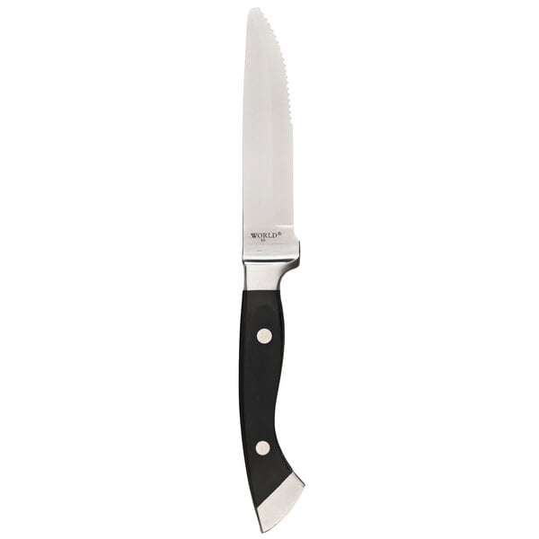 A Libbey Stockyard steak knife with a black polypropylene handle and a stainless steel blade.