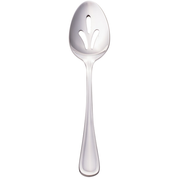 A Walco stainless steel pierced serving spoon with a flower design on it.