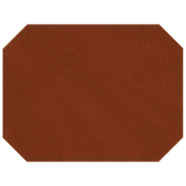 A brown faux leather octagon placemat with stitching.