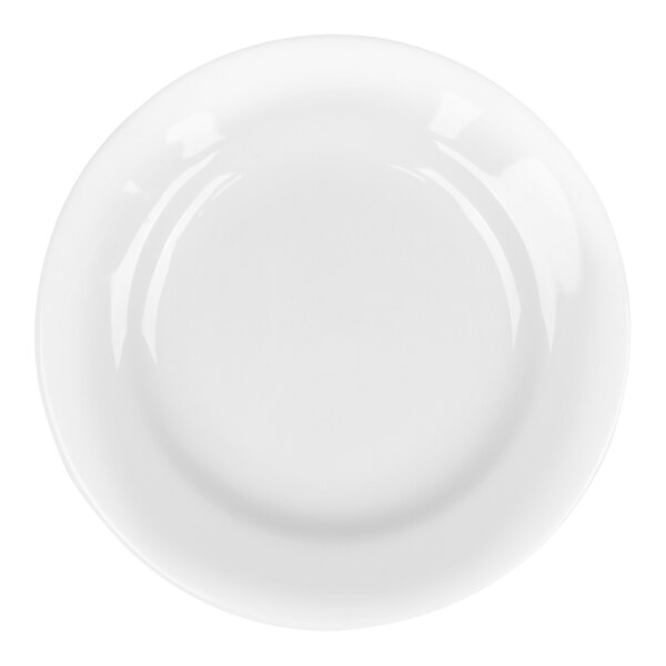 A small, bright white, wide rim rolled edge china plate.