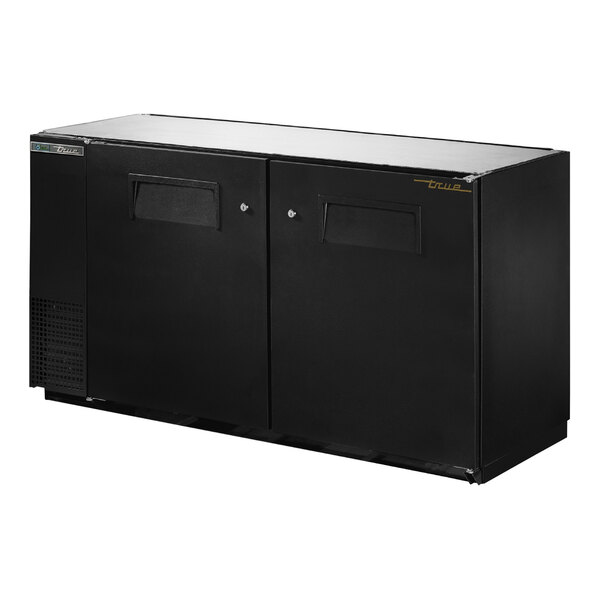 A black metal True back bar refrigerator with two solid doors.