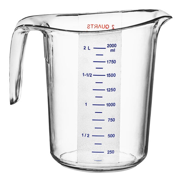 A clear Choice plastic measuring cup with blue graduations.
