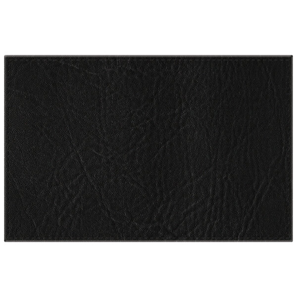 A black rectangular hardboard and faux leather placemat with a white border.