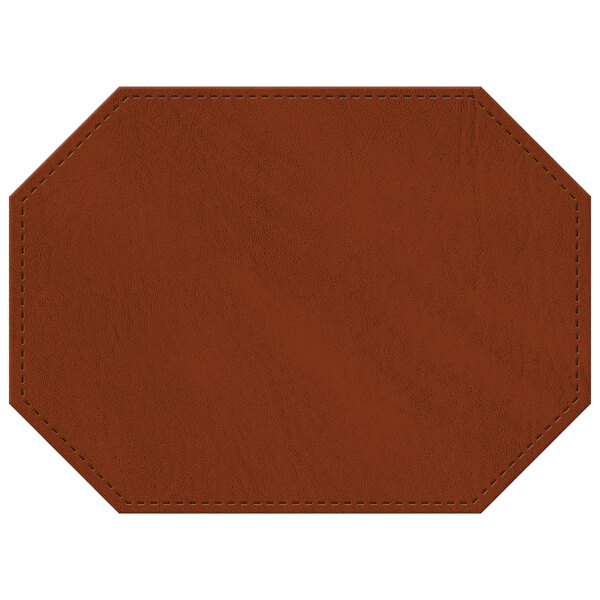 A brown faux leather octagon placemat with stitching.