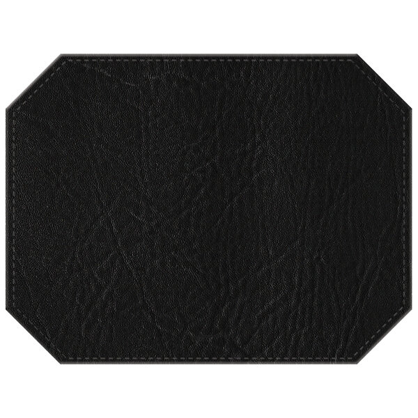 A black faux leather octagon placemat with stitching.