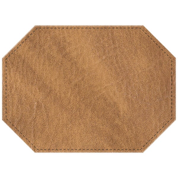 A brown hardboard and faux leather octagon placemat with a customizable leather patch.