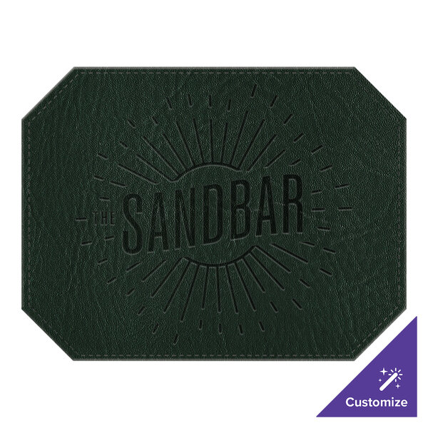 A green faux leather octagon placemat with custom text on it.