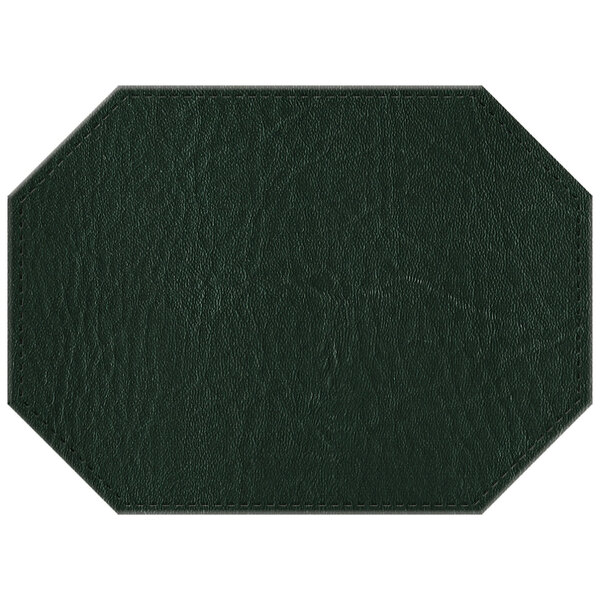 A green faux leather octagon placemat with stitching.