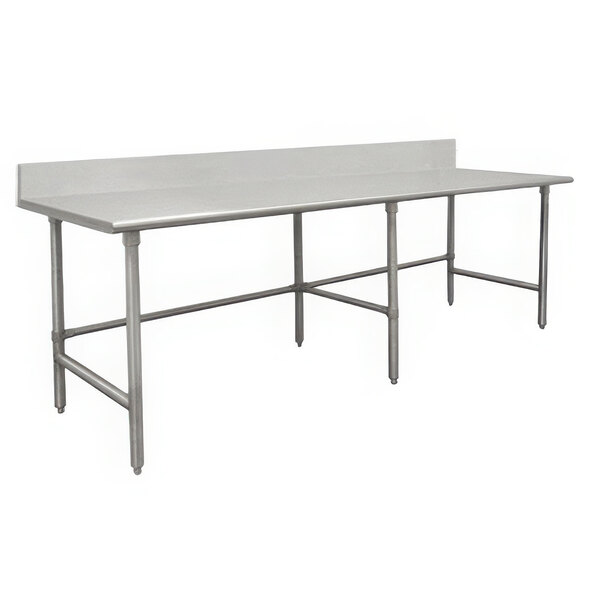 A stainless steel Advance Tabco work table with an open base.