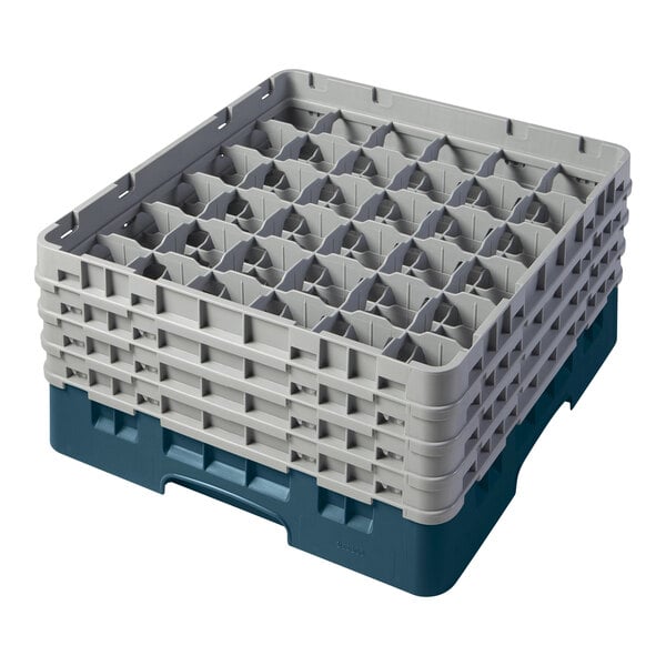 A teal plastic Cambro glass rack with extenders.