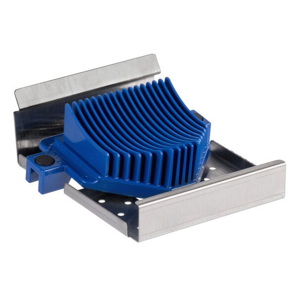 A close-up of a blue and silver metal Edlund Titan Max-Cut push block assembly with blue plastic corners.