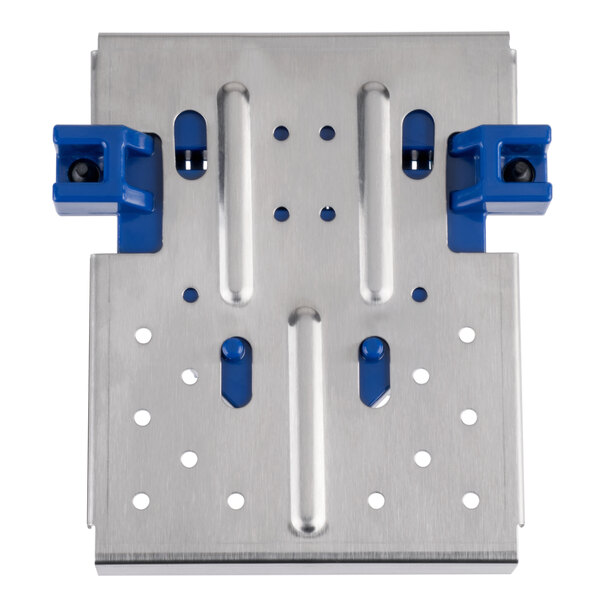 A metal plate with blue handles and holes.