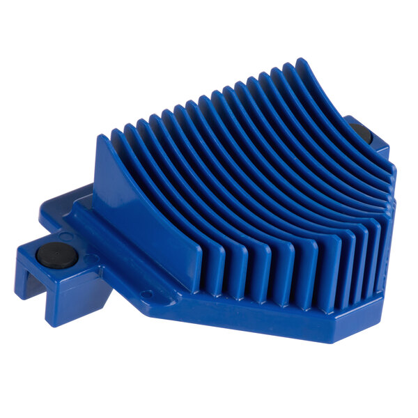 A close-up of a blue plastic Edlund Titan Max-Cut push block assembly with black holes and a black knob.