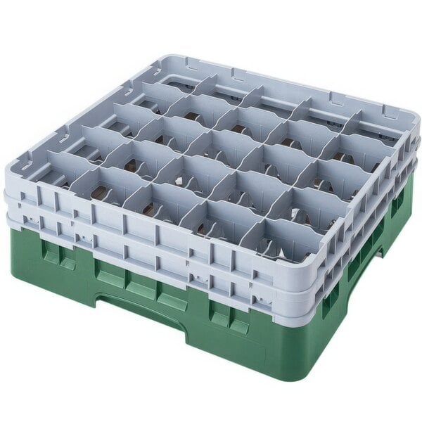 A large green plastic Cambro glass rack with 25 compartments and 6 white extenders.