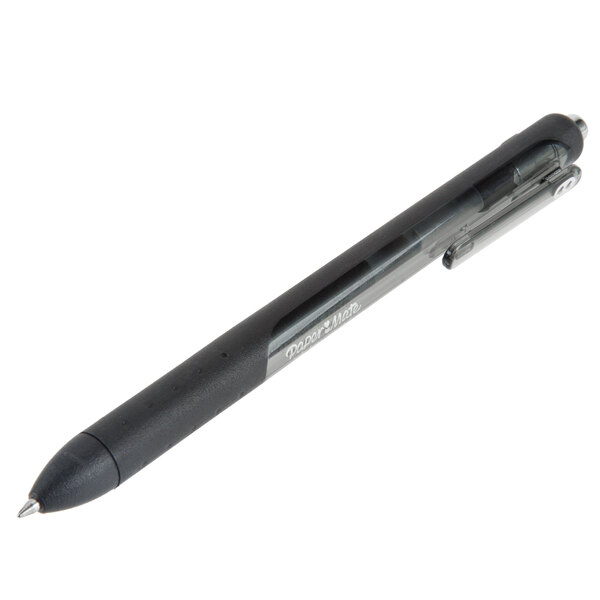 A close up of a Paper Mate black gel pen with a transparent cap and silver clip.