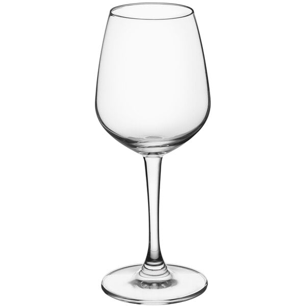 An Acopa Radiance wine glass with a stem on a white background.