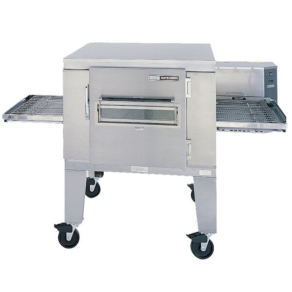A large stainless steel Lincoln Impinger conveyor oven with wheels.