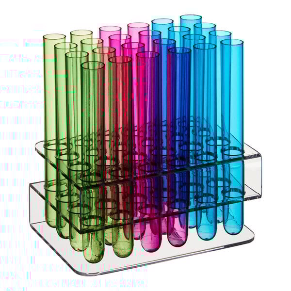 A rack holding 100 assorted neon-colored plastic test tube shot glasses.