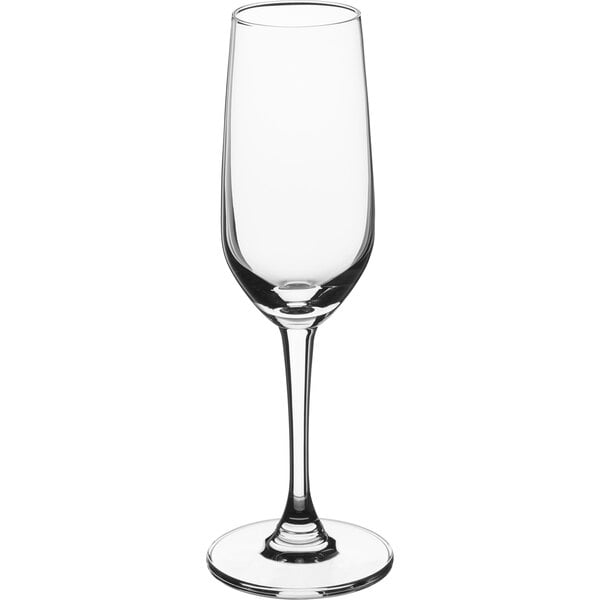 A close-up of a clear Acopa Radiance flute wine glass.