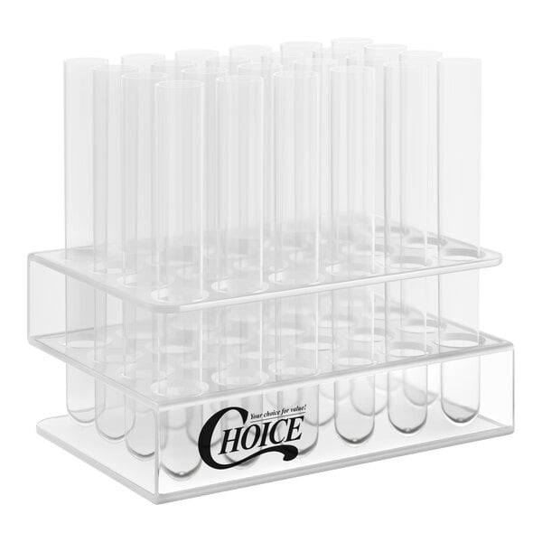 A clear plastic rack holding 100 clear test tube shot glasses.