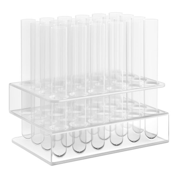 A clear plastic rack holding 100 transparent test tube shot glasses.
