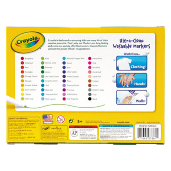 A yellow box of Crayola Ultra-Clean Washable Fine Point Markers with colorful markers inside.