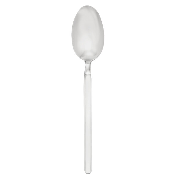 A Walco stainless steel dessert spoon with a white handle.