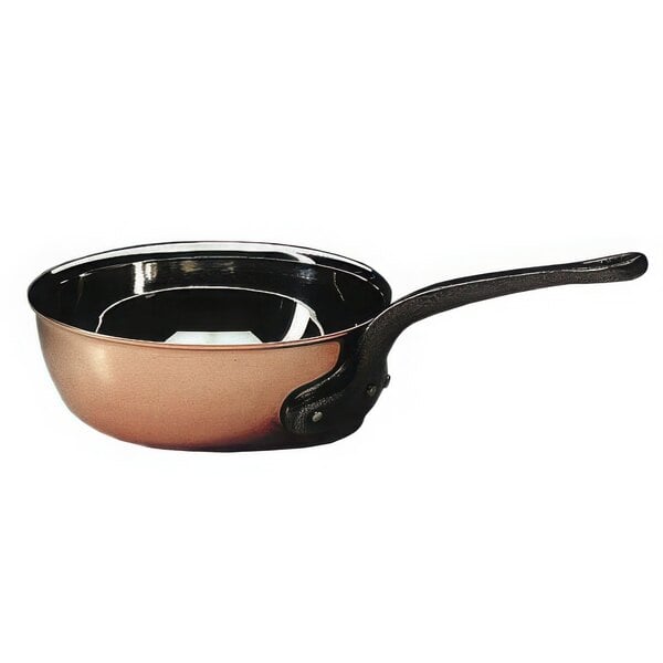 A copper Matfer Bourgeat saucier pan with a black metal handle.