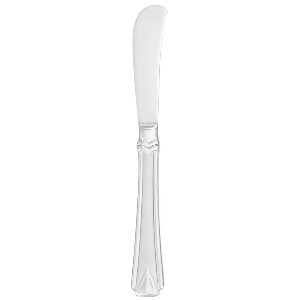 A silver butter knife with a solid handle.