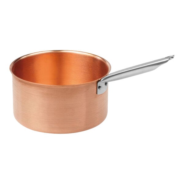A Matfer Bourgeat copper sauce pan with a stainless steel handle and lid.