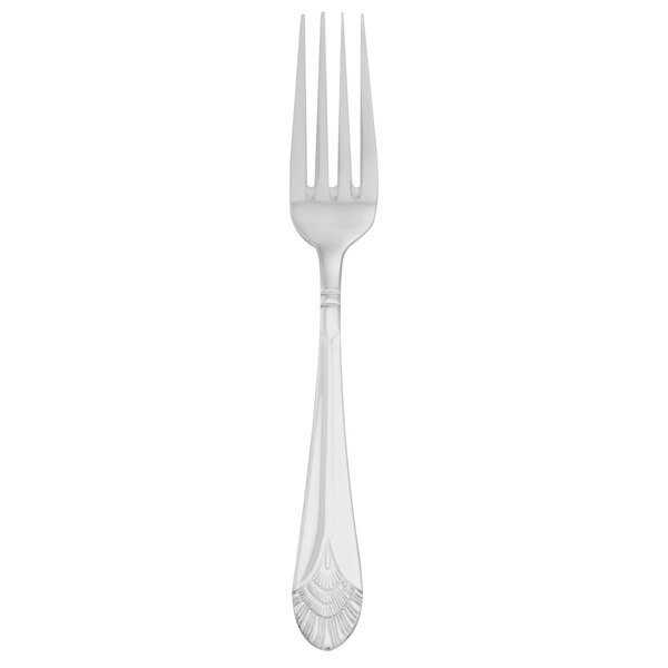 A Walco stainless steel table fork with a design on the handle.