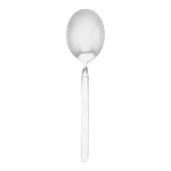 A Walco Vogue stainless steel bouillon spoon with a white handle.