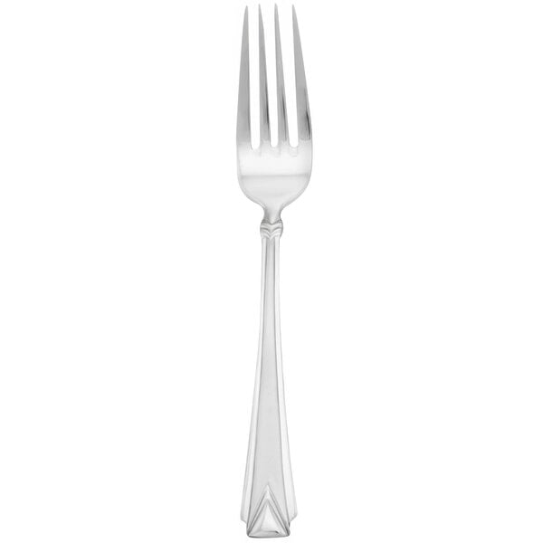 An 18/10 stainless steel Walco Athenian table fork with a silver handle and a design on it.