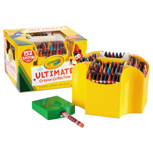A yellow Crayola container with a box of crayons inside.