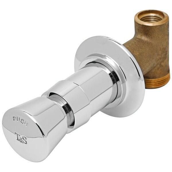 A T&S concealed straight valve with a chrome finish and brass fittings.