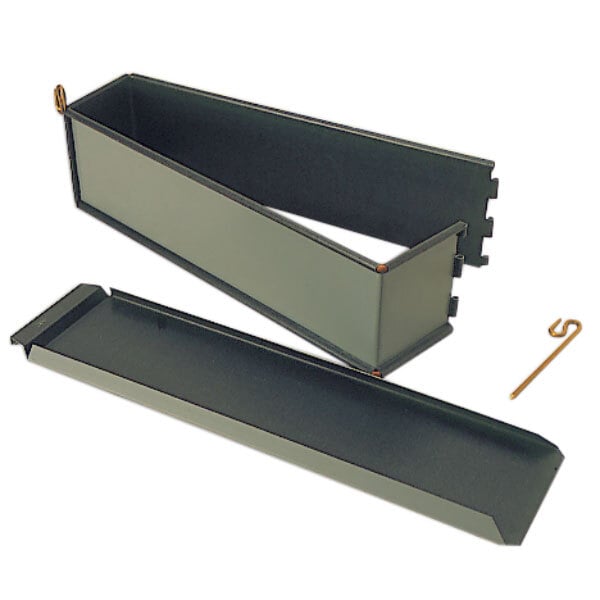 A rectangular metal box with a lid open.