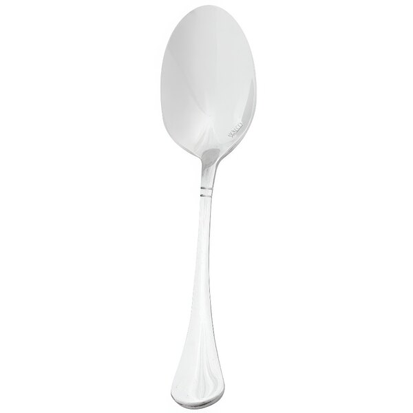 A Walco Soho stainless steel dessert spoon with a white handle.