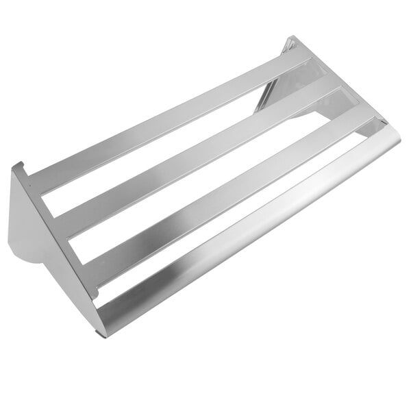 A Matfer Bourgeat stainless steel wall mounted utensil rack with a shelf and slats.