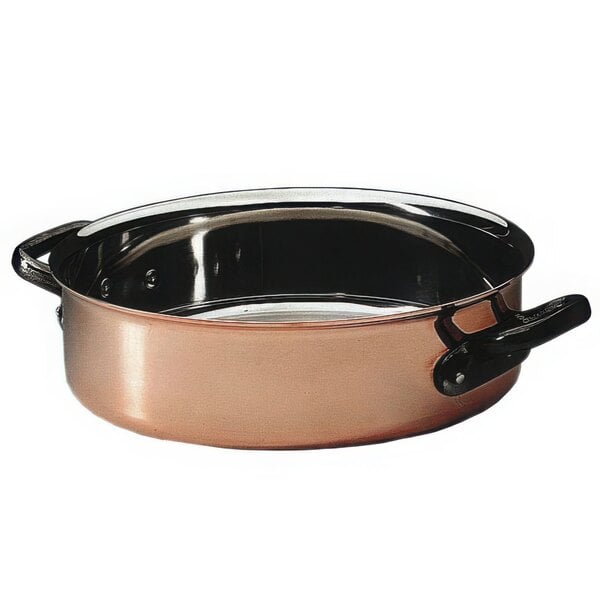 A Matfer Bourgeat copper brazier pot with a lid.