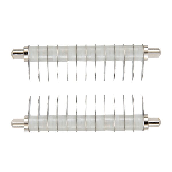 A close-up of a Bron Coucke stainless steel spiral slicer.