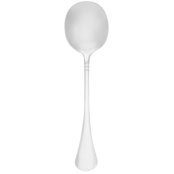 A Walco stainless steel bouillon spoon with a white handle.