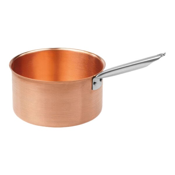 A Matfer Bourgeat copper saucepan with a stainless steel handle.